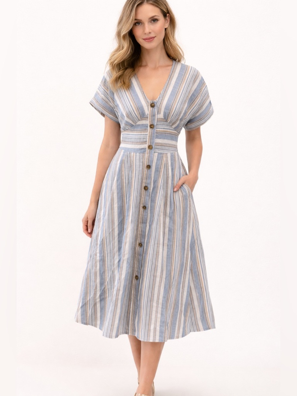 Shein Multicolor Striped V-Neck Button-Front A-line Dolman Sleeves Midi Dress S